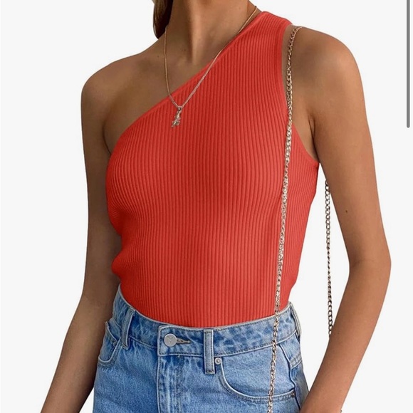 NWOT One-Shoulder Ribbed Red Top - Picture 1 of 3